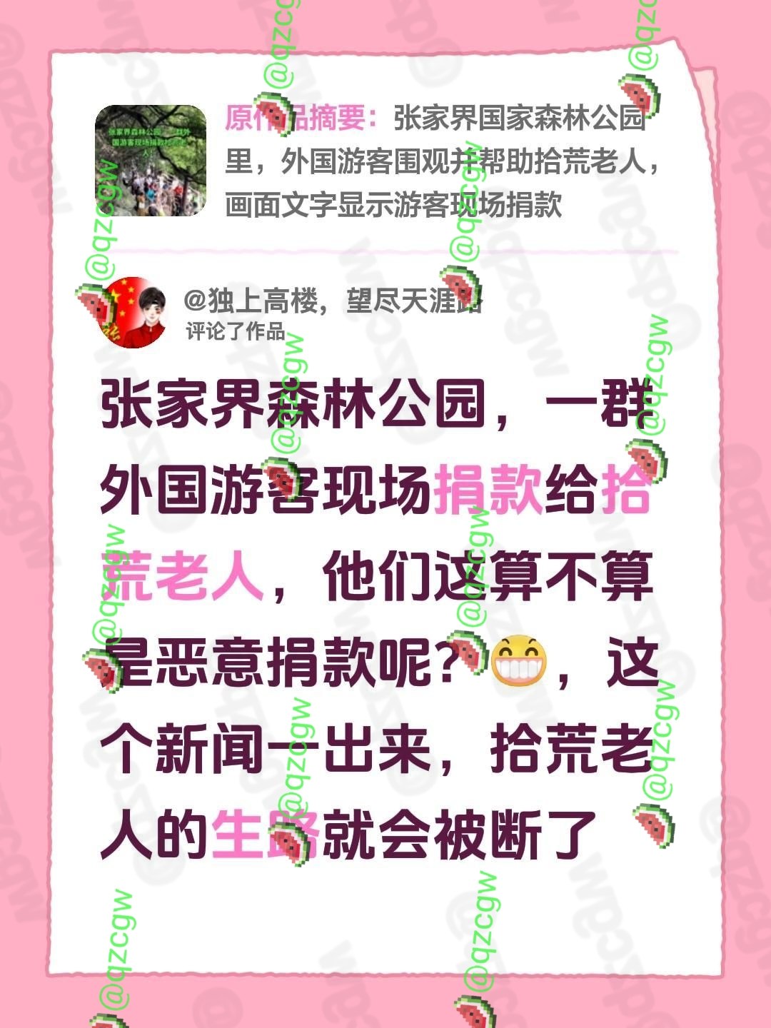 张家界森林公园拾荒老人获外国游客现场捐款引发恶意捐款与假亲属谣言争议