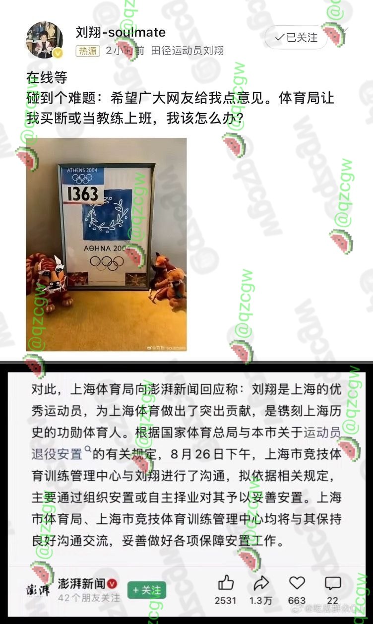 退役十一年奥运冠军刘翔公开质疑体育局安置方案要求买断或当教练二选一