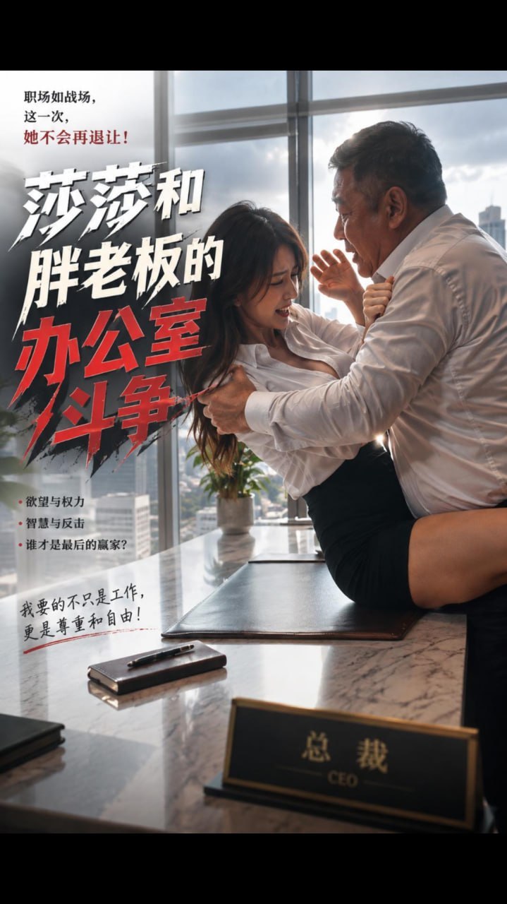 莎莎和胖老板办公室斗争 AI成人短剧 职场女员工莎莎闯入办公室主动邀约胖老板进行禁忌肉欲交合